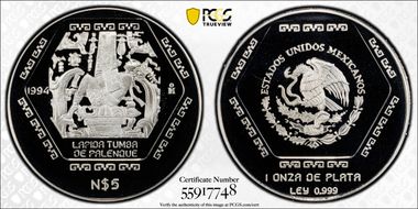 1994-Mo 5 Peso Tumba de Palenque KM-575 Ag PR69DCAM