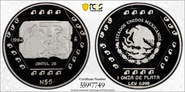 1994-Mo 5 Peso Dintel 26 KM-578  Ag PR68DCAM