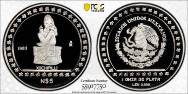 1993-Mo 5 Peso Xochipilli KM-647  Ag PR69DCAM