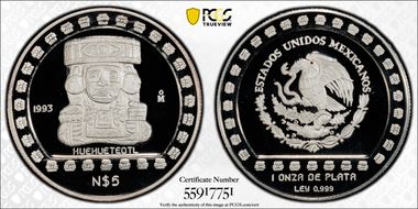 1993-Mo 5 Peso Huehueteotl KM-649  Ag PR69DCAM