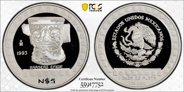 1993-Mo 5 Peso Brasero Efigie T-3 Mo Abv Date, Frosted Border PR69DCAM