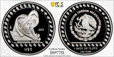 1993-Mo 5 Peso Guerrero Aguila PR69