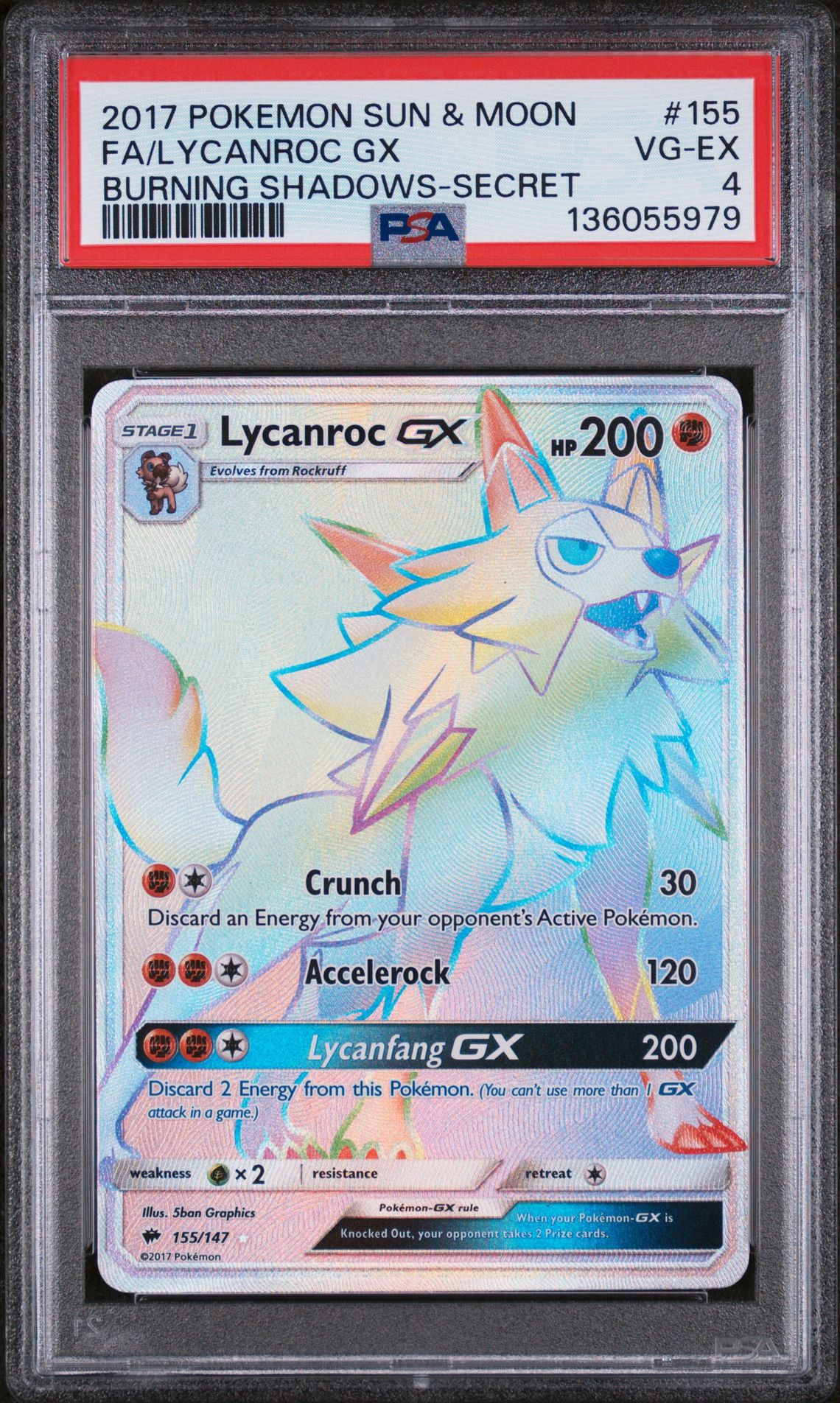 2017 Pokemon POKEMON SUN & MOON BURNING SHADOWS SECRET #155 Fa/Lycanroc Gx front