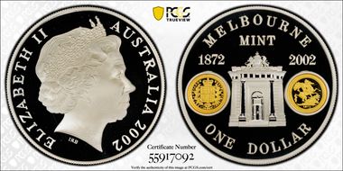 2002 $1 Melbourne Mint KM-660 Select Gilt Ag PR70DCAM