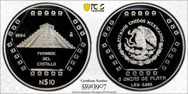 1994-Mo 10 Peso Piramide del Castillo KM-576 PR67DCAM