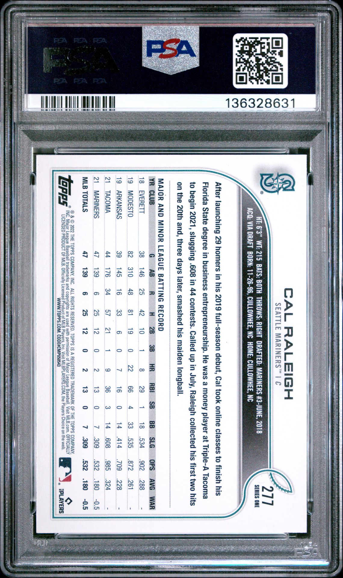 2022 Topps Cal Raleigh #277 Gem Mt 10 back