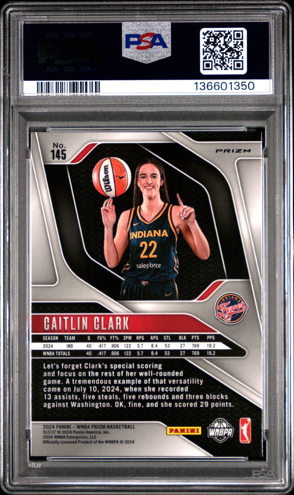 2024 Panini Prizm Wnba Caitlin Clark #145 (Blue Velocity) Gem Mt 10 back