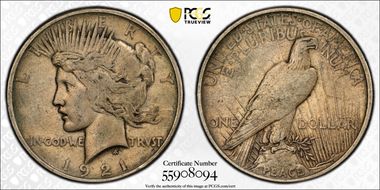 1921 $1 High Relief, Peace VF35