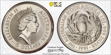 1991 $5 Kookaburra KM-138  Ag MS69