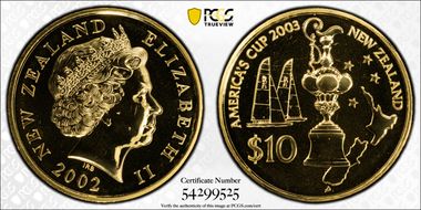 2002 $10 Americas Cup Gilt Ni-Brass MS67