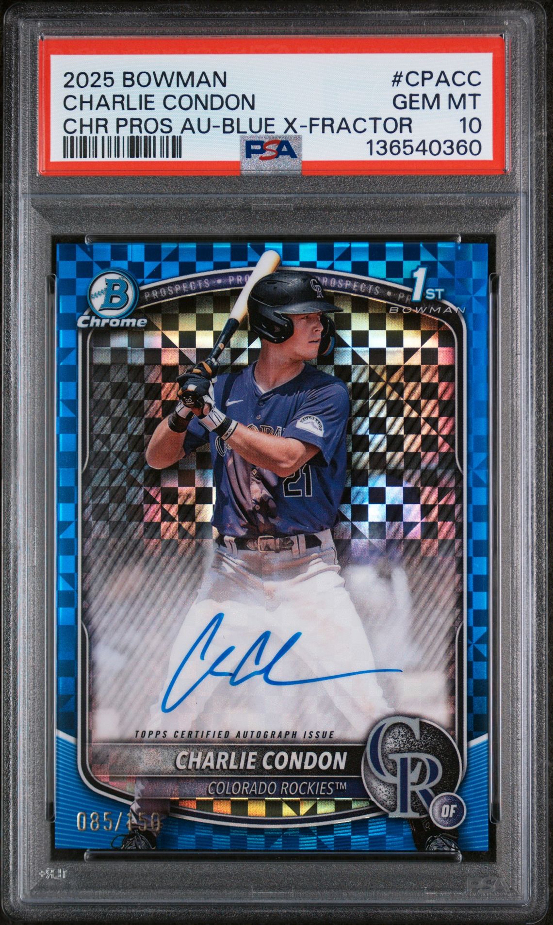 2025 Bowman BOWMAN CHROME PROSPECT AUTOGRAPHS CHR PROS AU-BLUE X-FRACTOR #CPACC Charlie Condon front