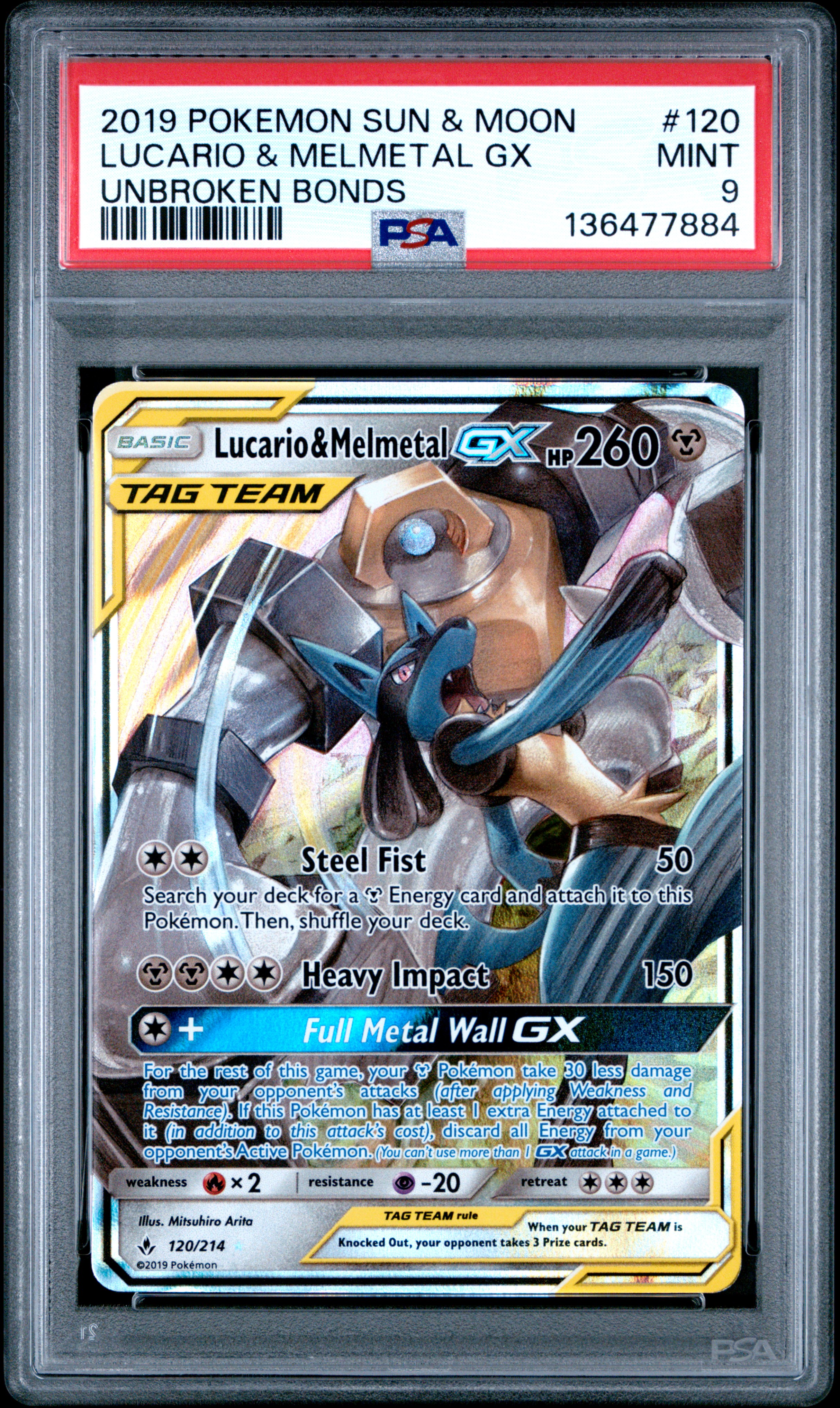 2019 #120 Lucario & Melmetal GX PSA 9 Sun & Moon Unbroken Bonds
