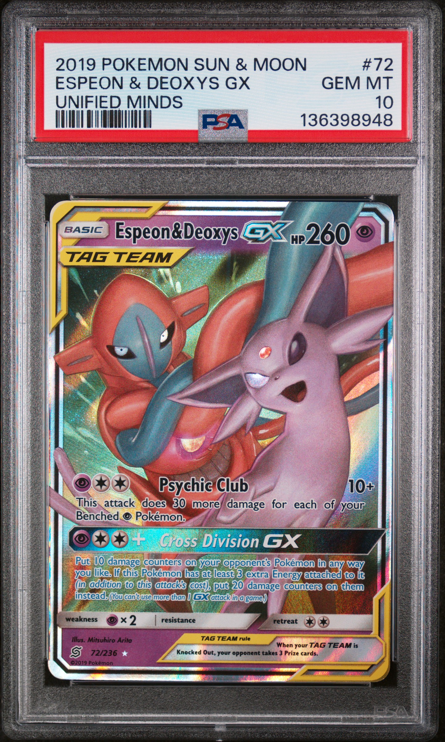 2019 #72 Espeon & Deoxys GX PSA 10 Sun & Moon Unified Minds