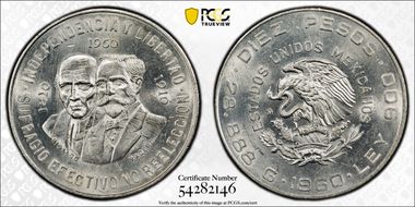 1960-Mo 10 Peso 150th Anniversary KM-476  Ag MS63