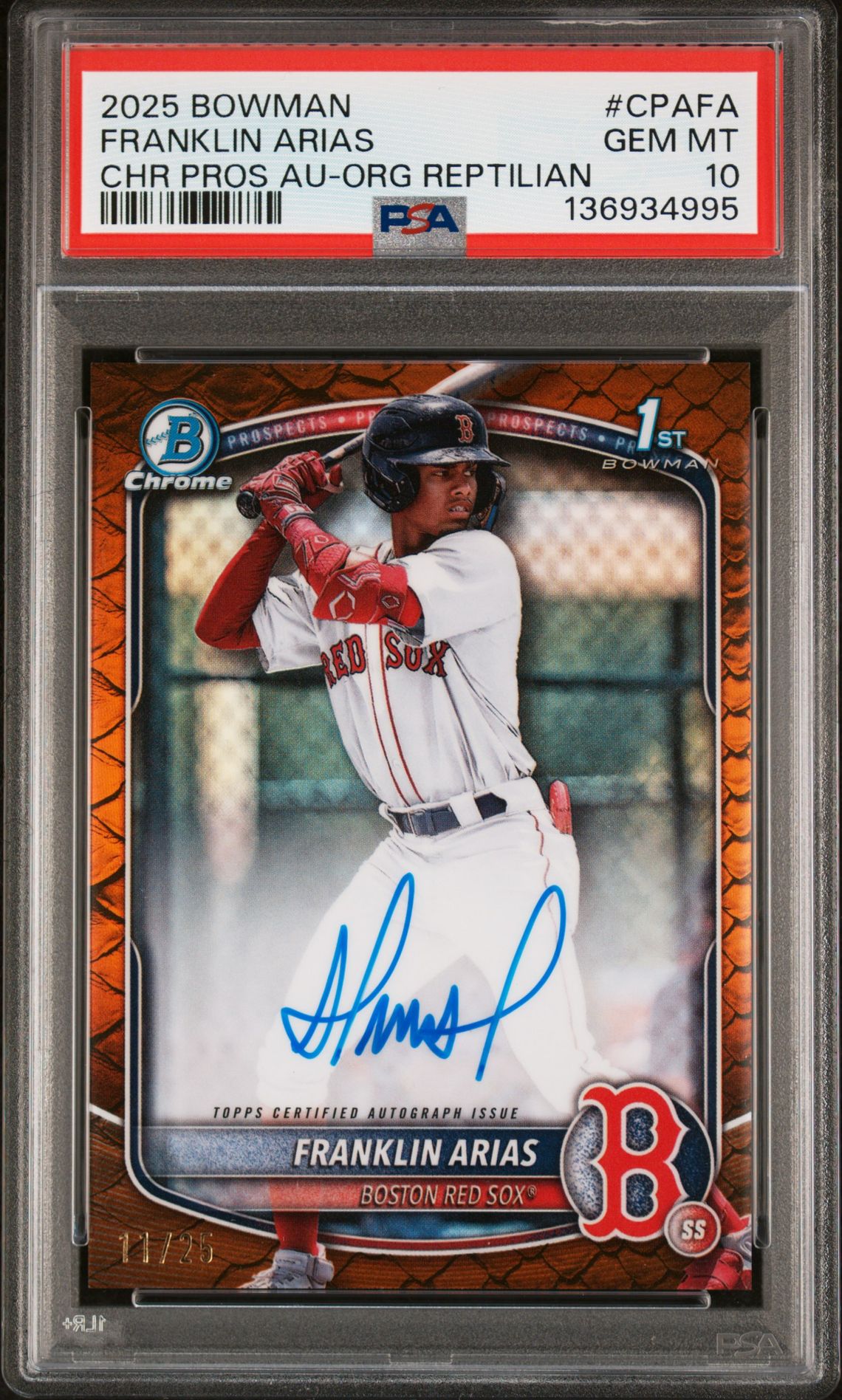 2025 Bowman BOWMAN CHROME PROSPECT AUTOGRAPHS CHR PROS AU-ORG REPTILIAN #CPAFA Franklin Arias front