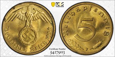 1937-F 5 Pfg J-363 MS64