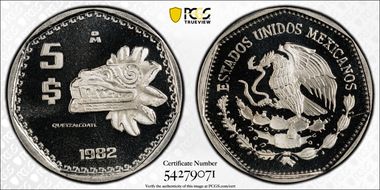 1982-Mo 5 Peso Quetzalcoatl KM-485 PR69DCAM