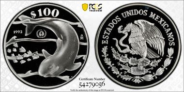 1992-Mo 100 P Vaquita Porpoise KM-566  Ag PR68DCAM