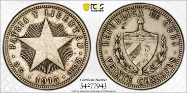 1915 20C High Relief, Fine Reeding KM-13.1 XF40