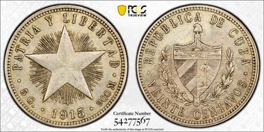 1915 20C High Relief, Fine Reeding KM-13.1 AU55