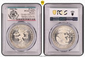 1968-Mo 25 Peso Olympic KM-479.1 Rings Align, Straight Tongue MS67