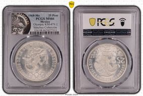 1968-Mo 25 Peso Olympic KM-479.1 Rings Align, Straight Tongue MS66
