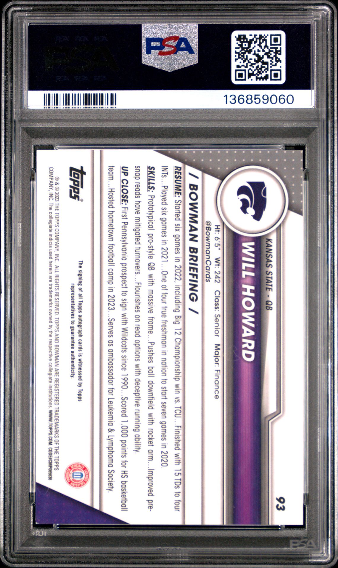 2023 Bowman University Chrome Will Howard #93 (Autograph) Mint 9 back