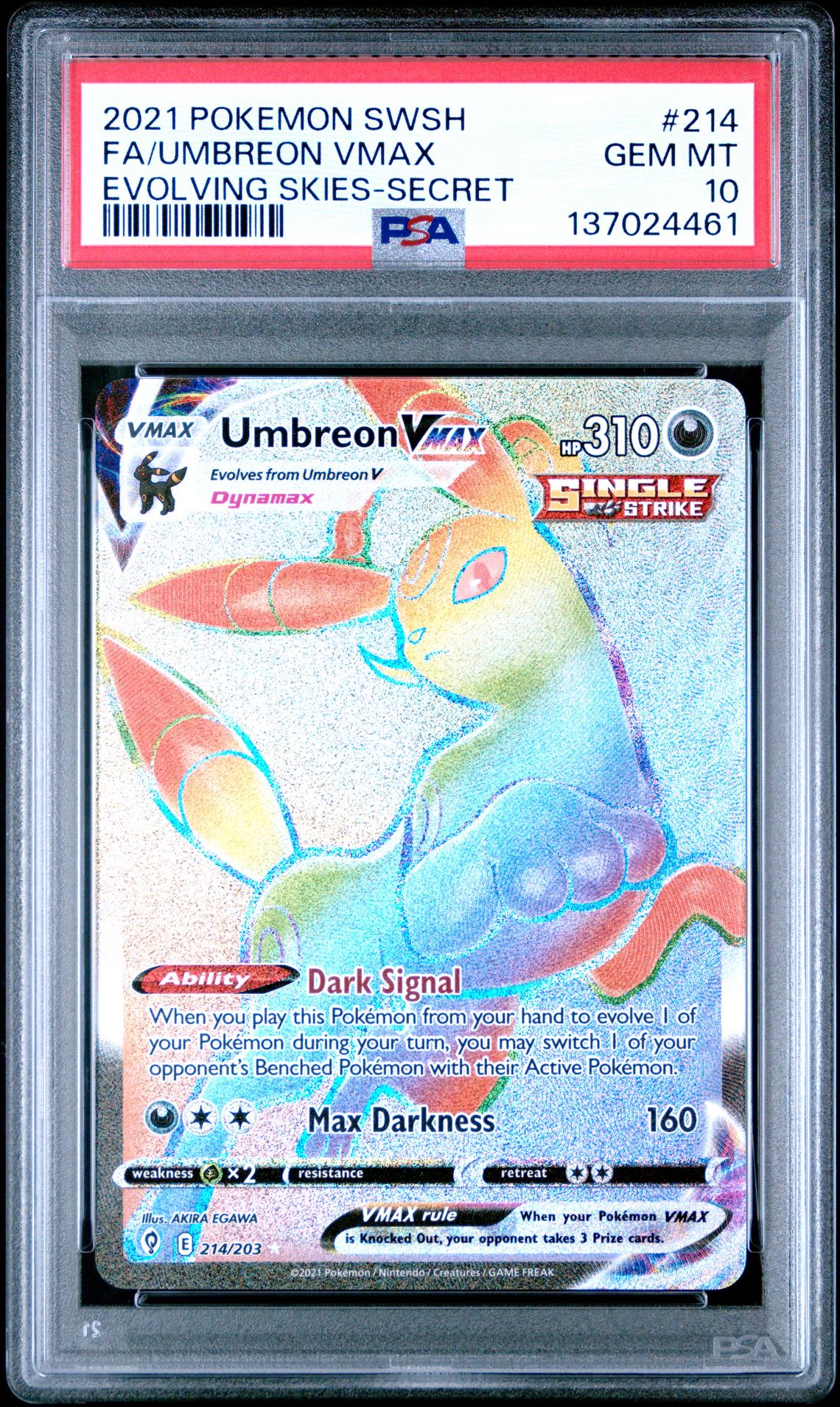 2021 Pokemon POKEMON SWORD & SHIELD EVOLVING SKIES SECRET #214 Fa/Umbreon Vmax front