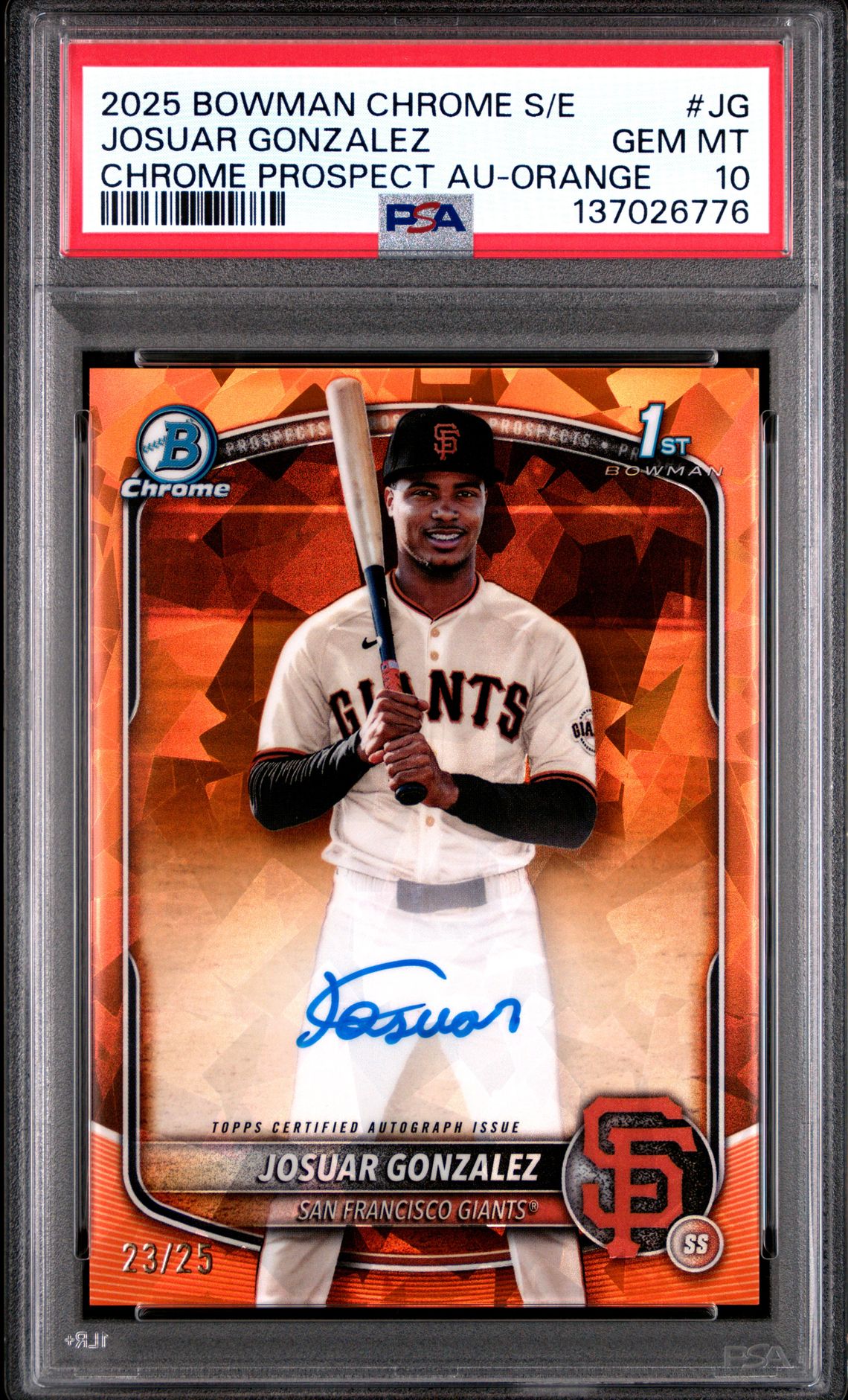 2025 Bowman BOWMAN CHROME SAPPHIRE EDITION CHROME PROSPECTS AUTOGRAPHS Orange #JG Josuar Gonzalez front