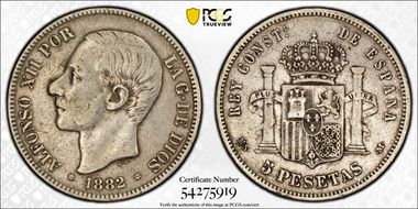 1882-MS M 5 Pta (1882) VF35