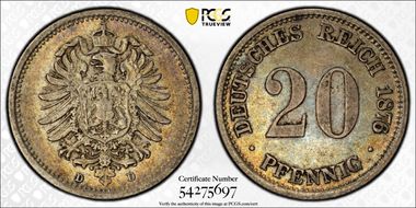 1876-D 20 Pfg J-5 AU55