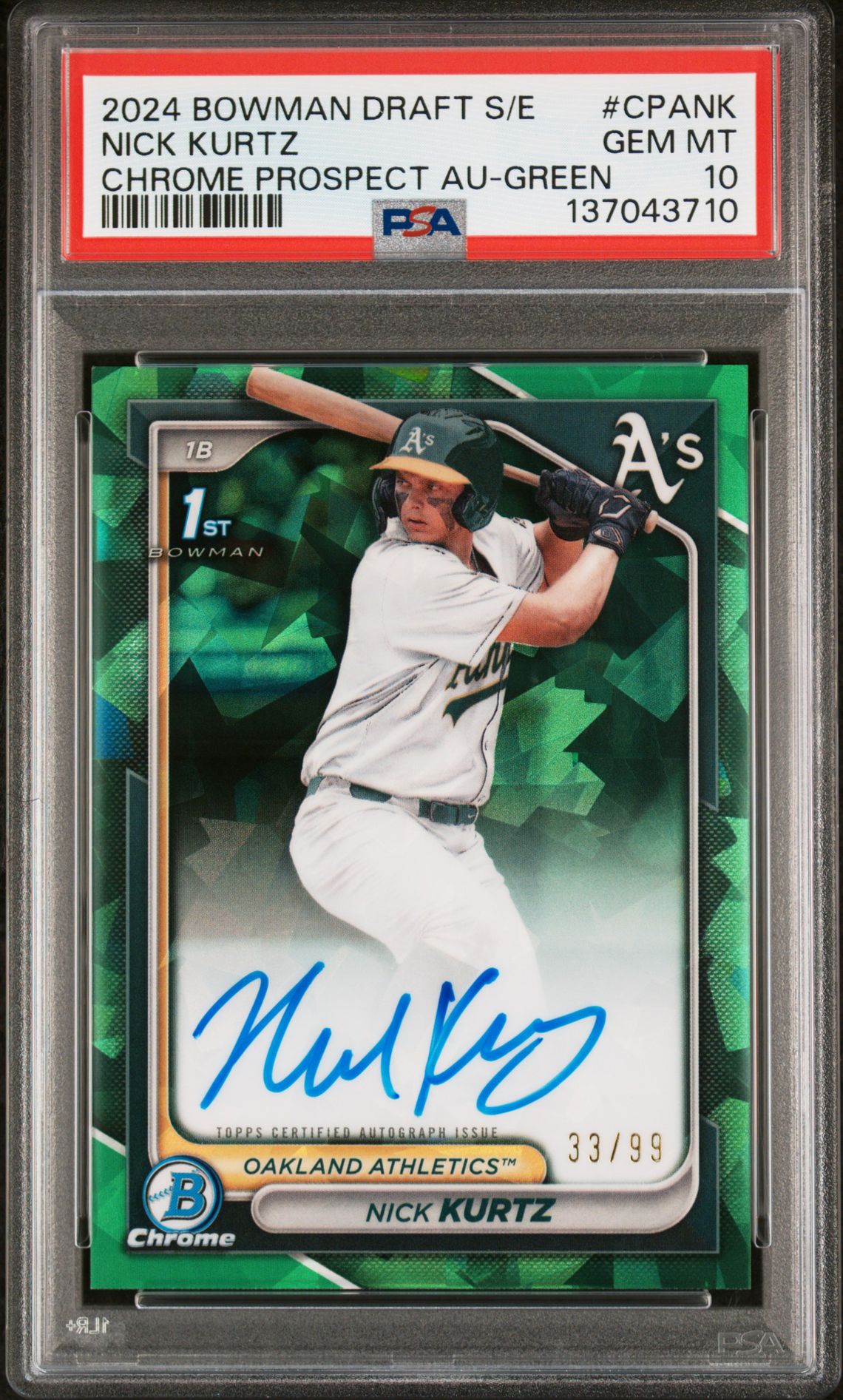 2024 Bowman Draft BOWMAN DRAFT SAPPHIRE EDITION CHROME SAPPHIRE PROSPECT AUTOGRAPHS CHROME PROSPECT AU-GREEN #CPANK Nick Kurtz front