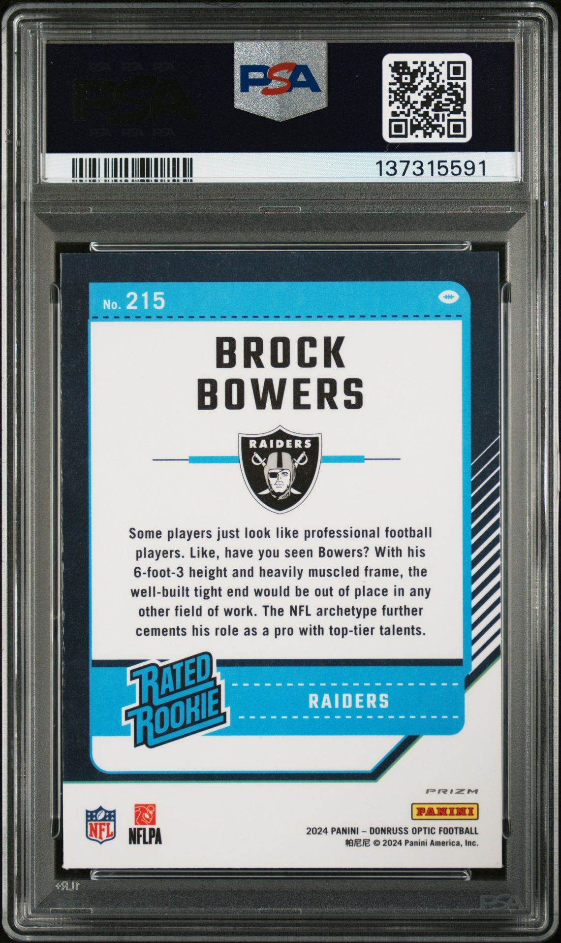 2024 Panini Donruss Optic Brock Bowers #215 (Blue Glitter) Gem Mt 10 back