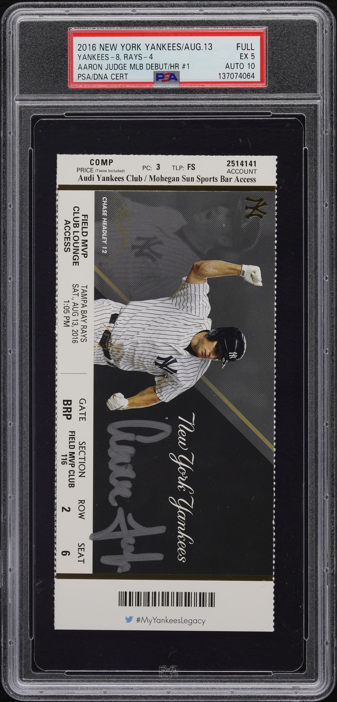 Signed Aaron Judge debut ticket graded PSA EX 5 with a PSA/DNA 10 autograph, cert 137074064, sold for $1,769