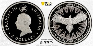 2024-P125 $3 Wedge-Tailed Eagle 3oz Ag 10th Anniversary PR70DCAM