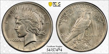 1921 $1 High Relief, Peace N1