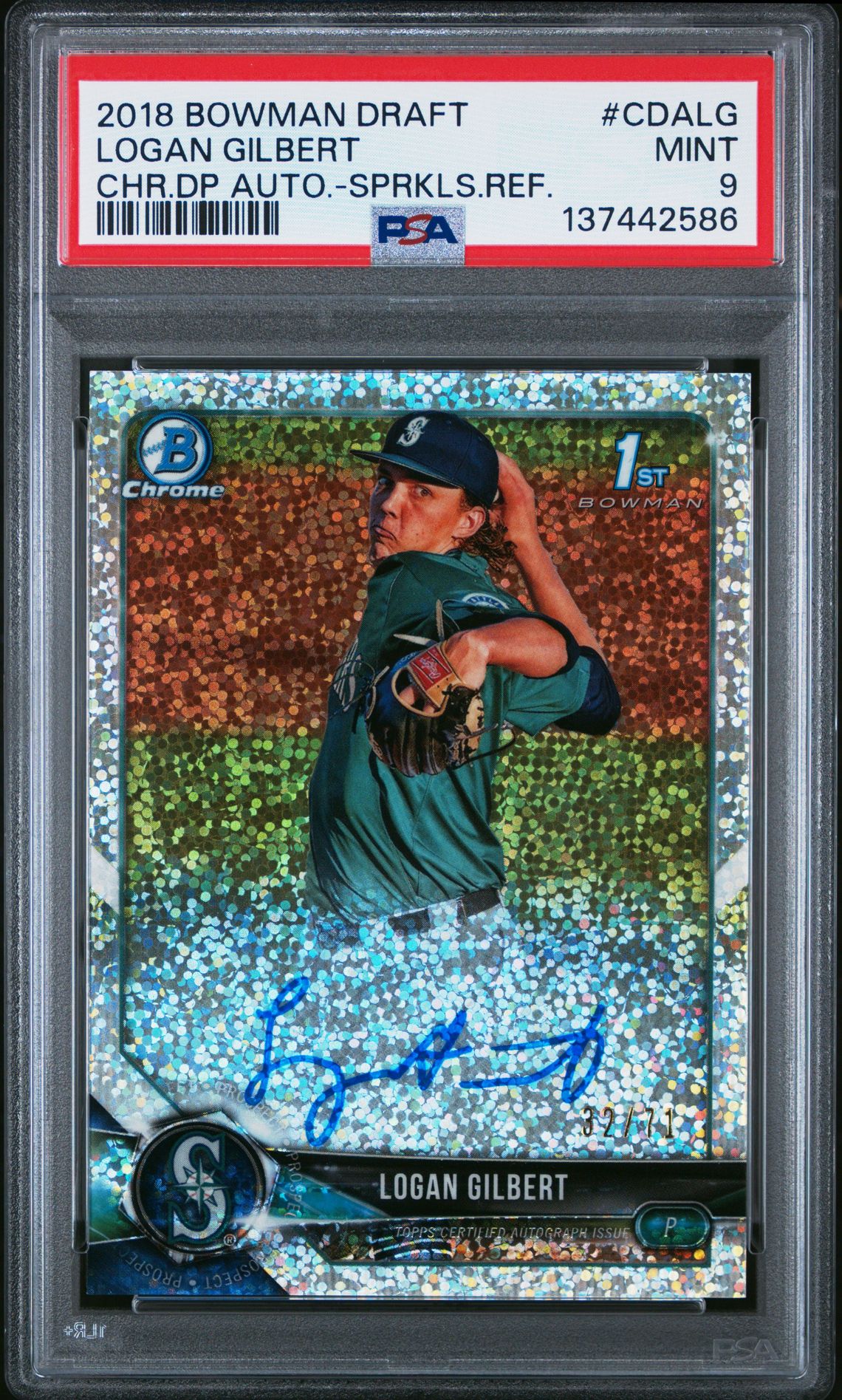 2018 Bowman BOWMAN DRAFT CHROME DRAFT PICKS AUTOGRAPHS CHR.DP AUTO.-SPRKLS.REF. #CDALG Logan Gilbert front