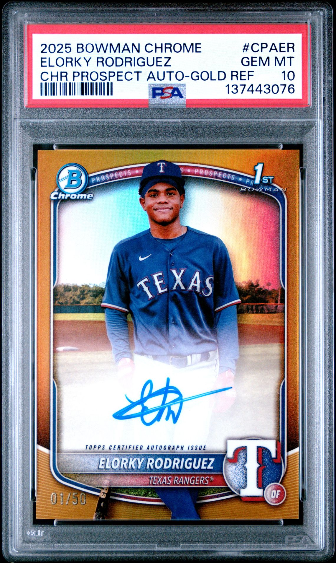2025 Bowman BOWMAN CHROME PROSPECT AUTOGRAPHS CHR PROSPECT AUTO-GOLD REF #CPAER Elorky Rodriguez front