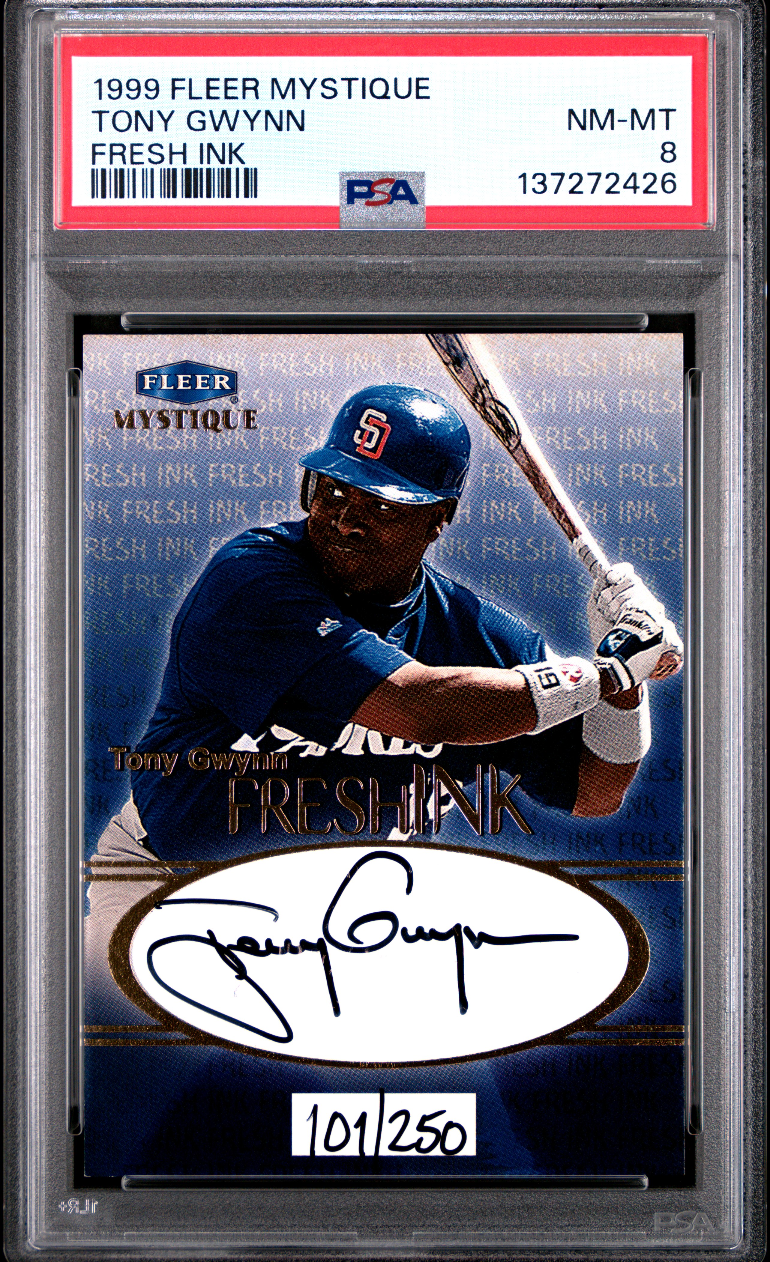 1999 Fleer Mystique Fresh Ink Tony Gwynn PSA 8