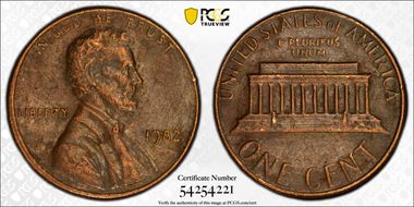 1982 1C Bronze, Small Date XF40BN