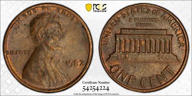 1982 1C Bronze, Large Date AU55BN
