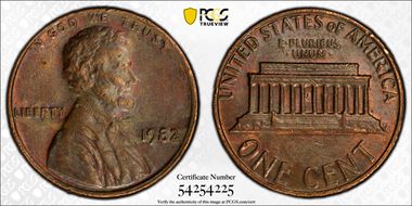 1982 1C Bronze, Large Date AU55BN