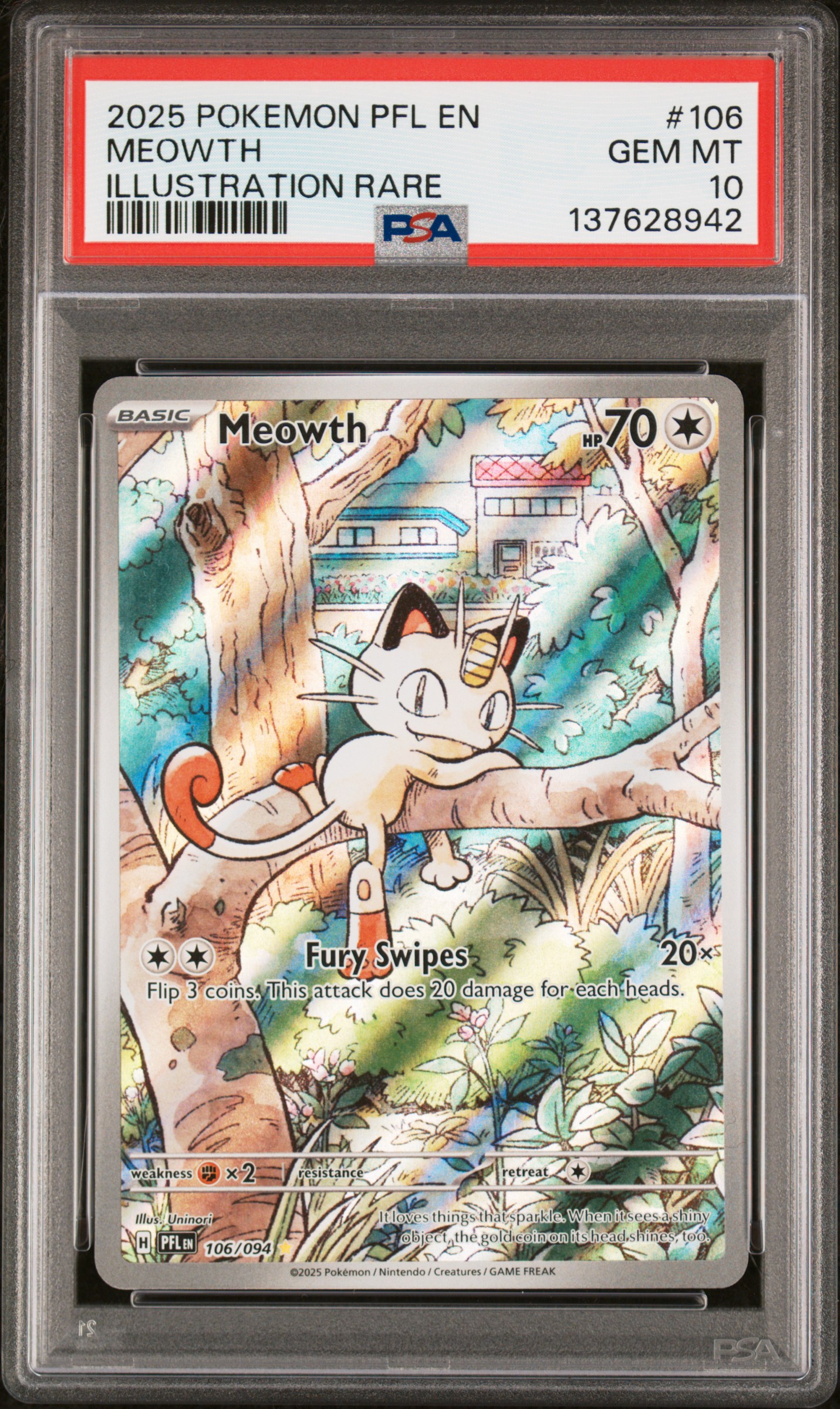 Juicetra Collects's 2025 Pokemon Pfl En-Phantasmal Flames Meowth  Illustration Rare #106 PSA 10 | Card Ladder