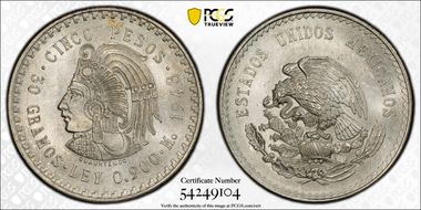 1948-Mo 5 Peso Cuauhtemoc KM-465  Ag MS67