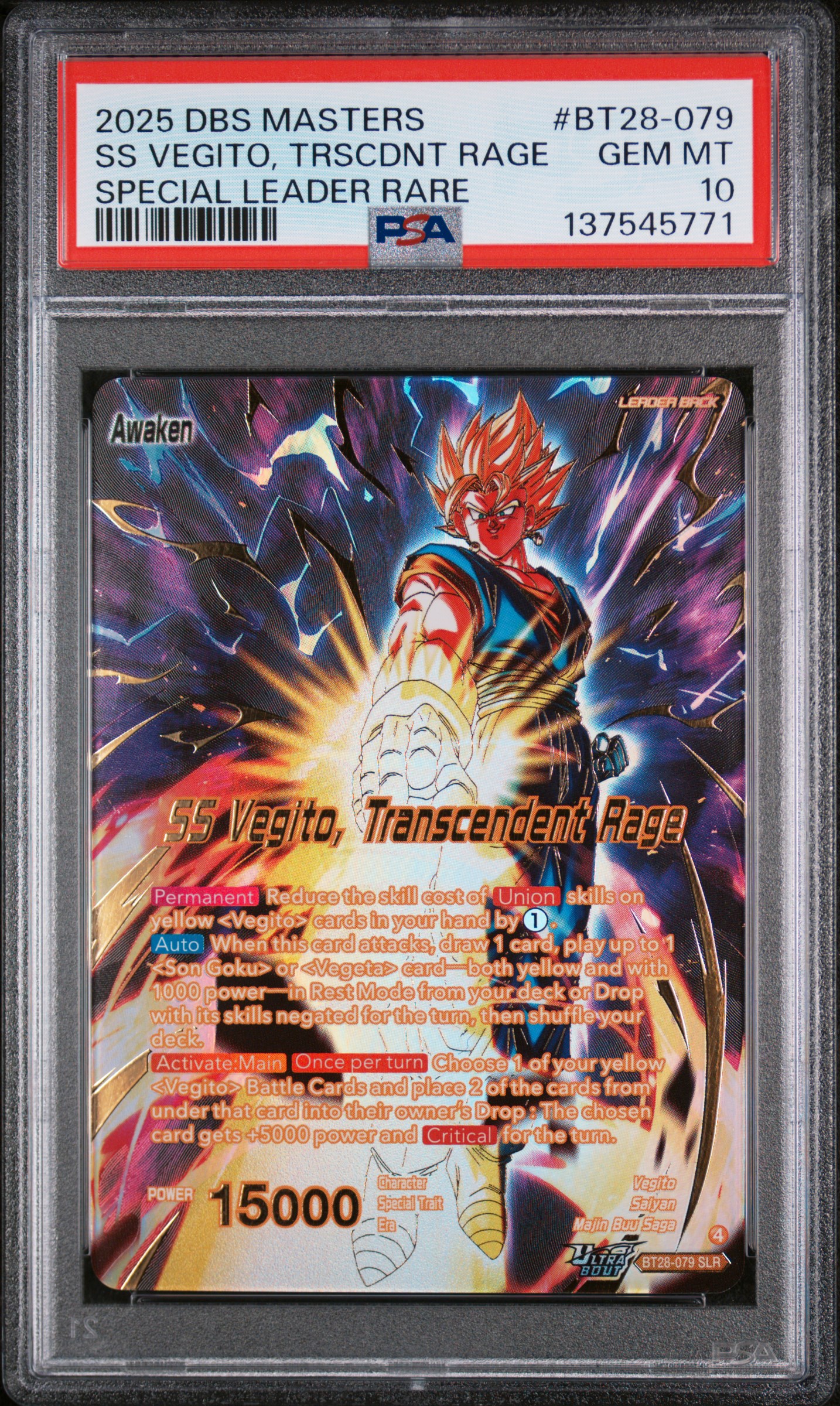 2025 #Bt28-079 Ss Vegito, Transcendent Rage/Vegito PSA 10 Dragon Ball Super Card Game Masters Series 28 Prismatic Clash