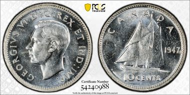 1947 10C Maple Leaf MS62