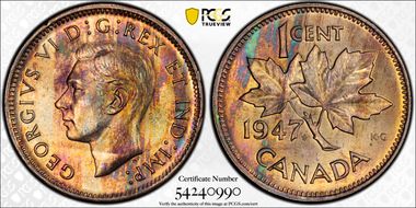 1947 1C Maple Leaf Blunt 7 MS64BN