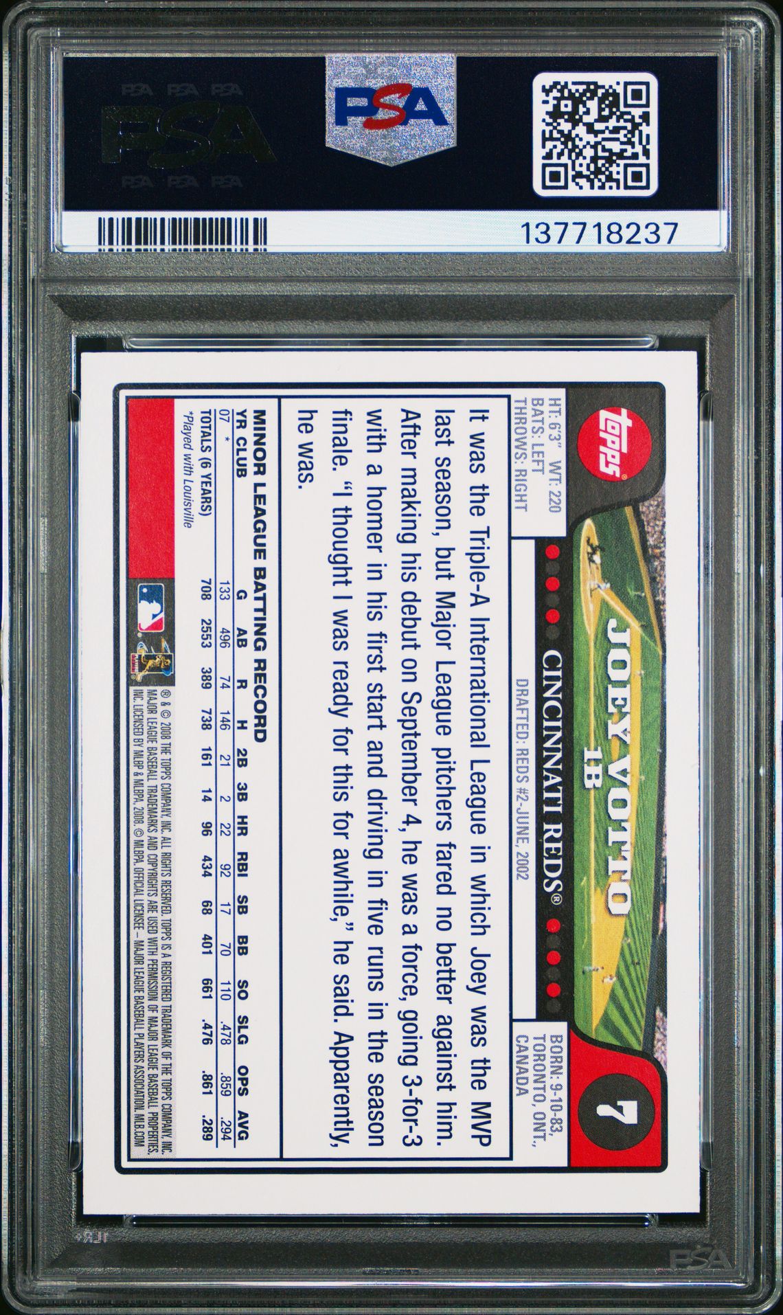 2008 Topps National Baseball Card Day Joey Votto #7 (Baseball Card Day) Gem Mt 10 back view - PSA certificate #137718237