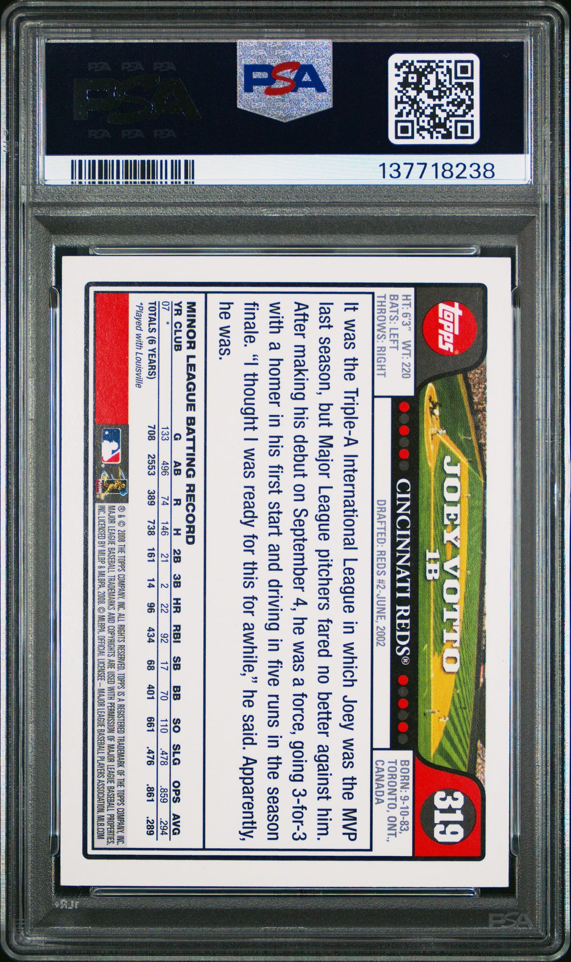 2008 Topps Joey Votto #319 Mint 9 back