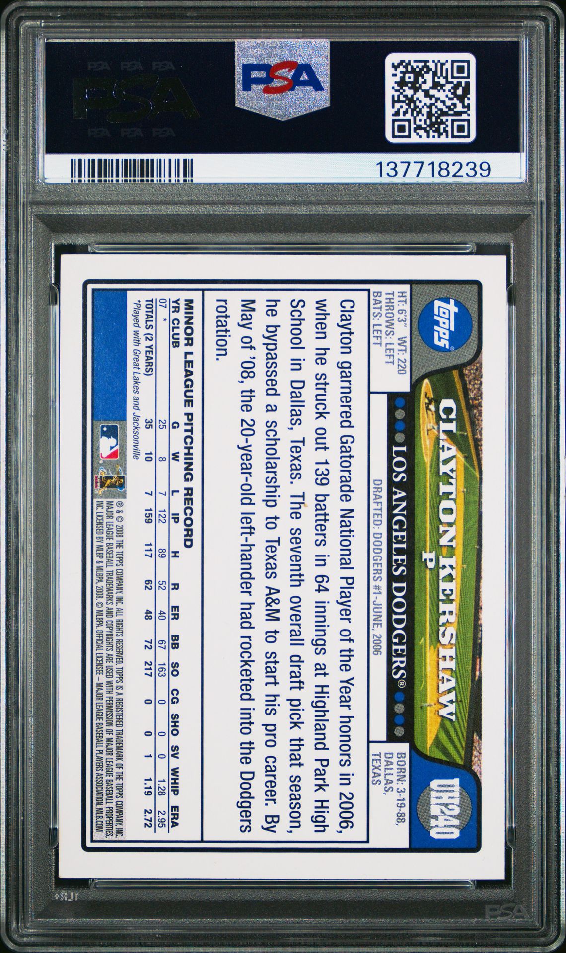 2008 Topps Update & Highlights Clayton Kershaw #Uh240 (Update & Highlights) Nm-Mt 8 back